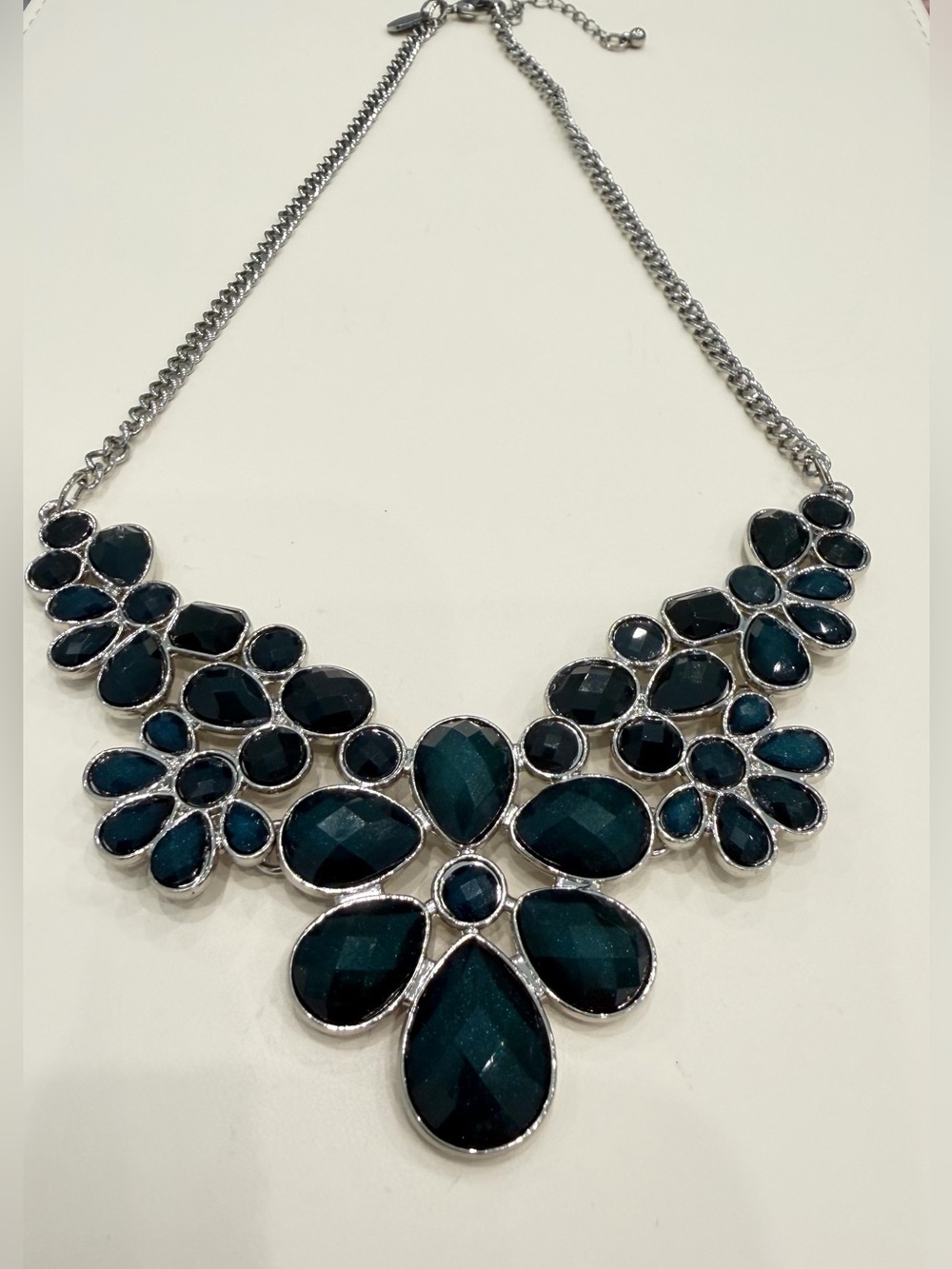 Charming Charlie Deep Teal Blue Rhinestone Floral Statement Necklace Earring Set